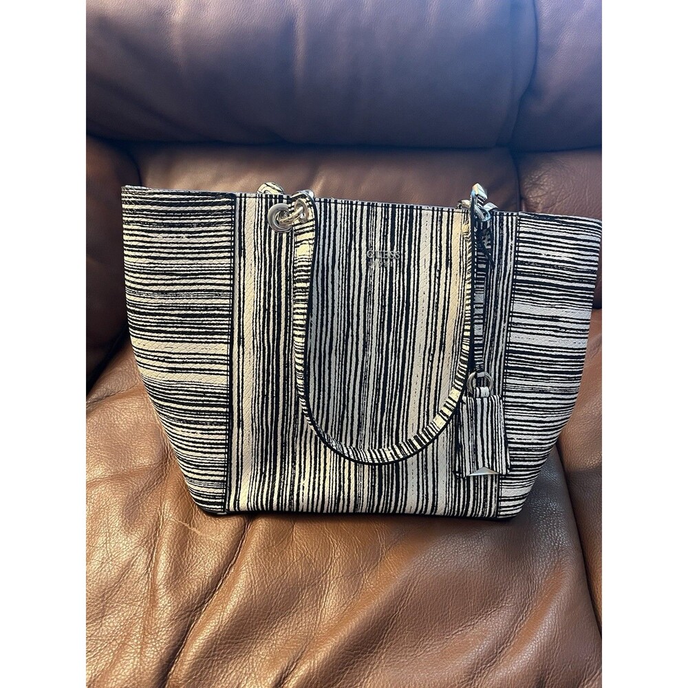 GUESS 1981 Black/White Striped Tote Zip Closure Double Handles Inner Pockets